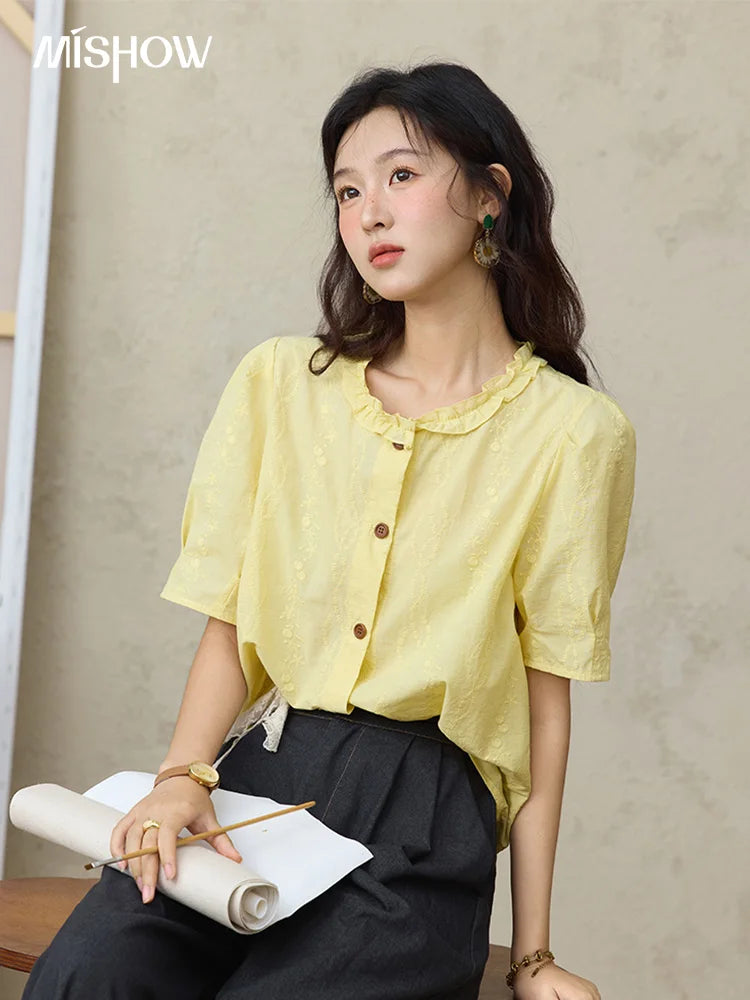 MISHOW 100% Cotton Puff Sleeve Shirt Round Neck Button MXE36X1873