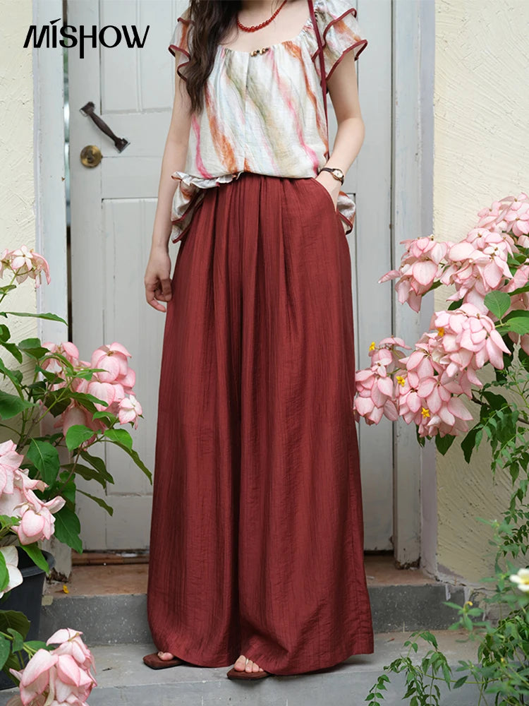 MISHOW Red Wide Leg Pants High Waist Pocket Elastic MXE38K0952