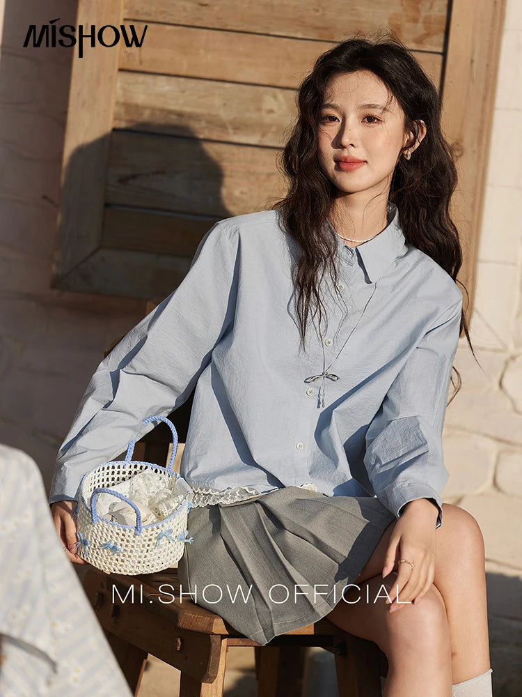 MISHOW Cotton Blue Shirt Hem Lace Lapel Collar MXE12C0410