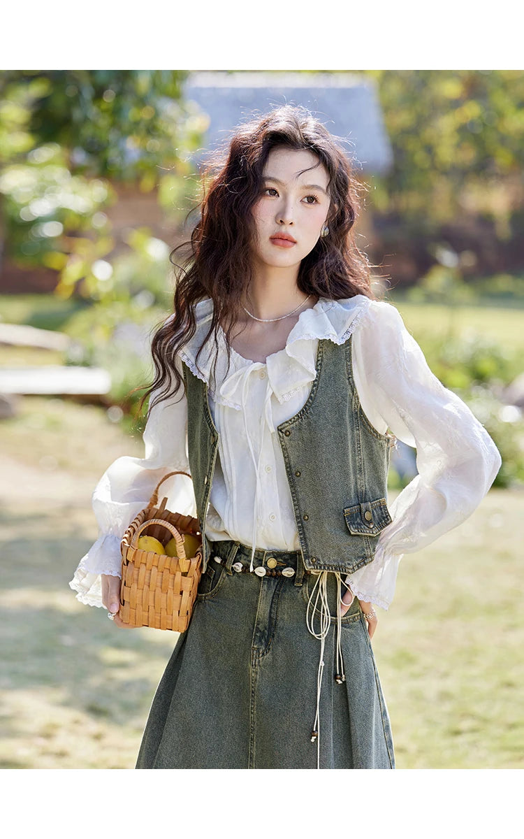 Mishow Korean Denim Vest Coat & Slim A-Line Midi Skirt Set MXE13W0731