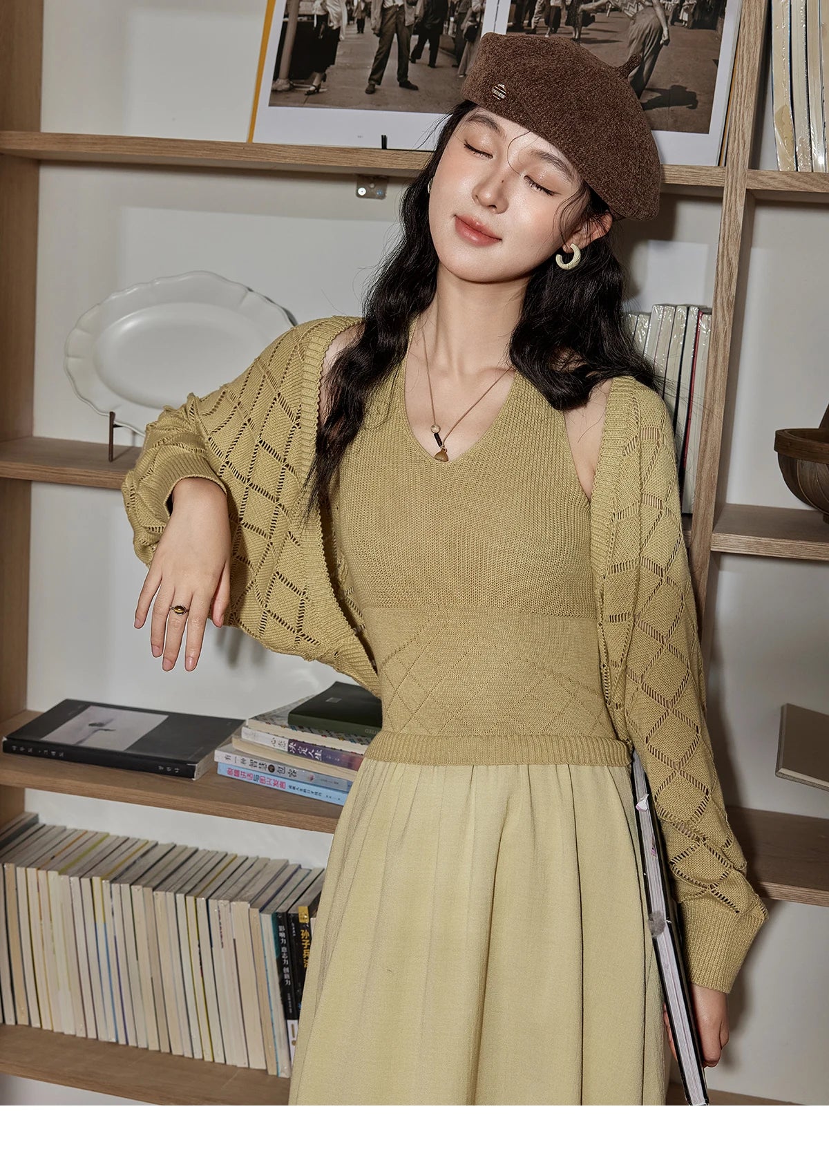 Mishow Hanging Neck Dress & Hollow Knit Cardigan Set MPD42L2040