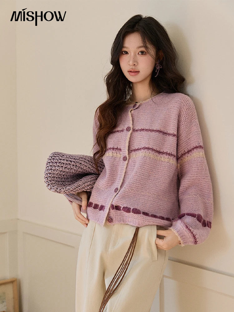 Mishow Lilac Striped Dot Crew Neck Cardigan MXF11Z2897