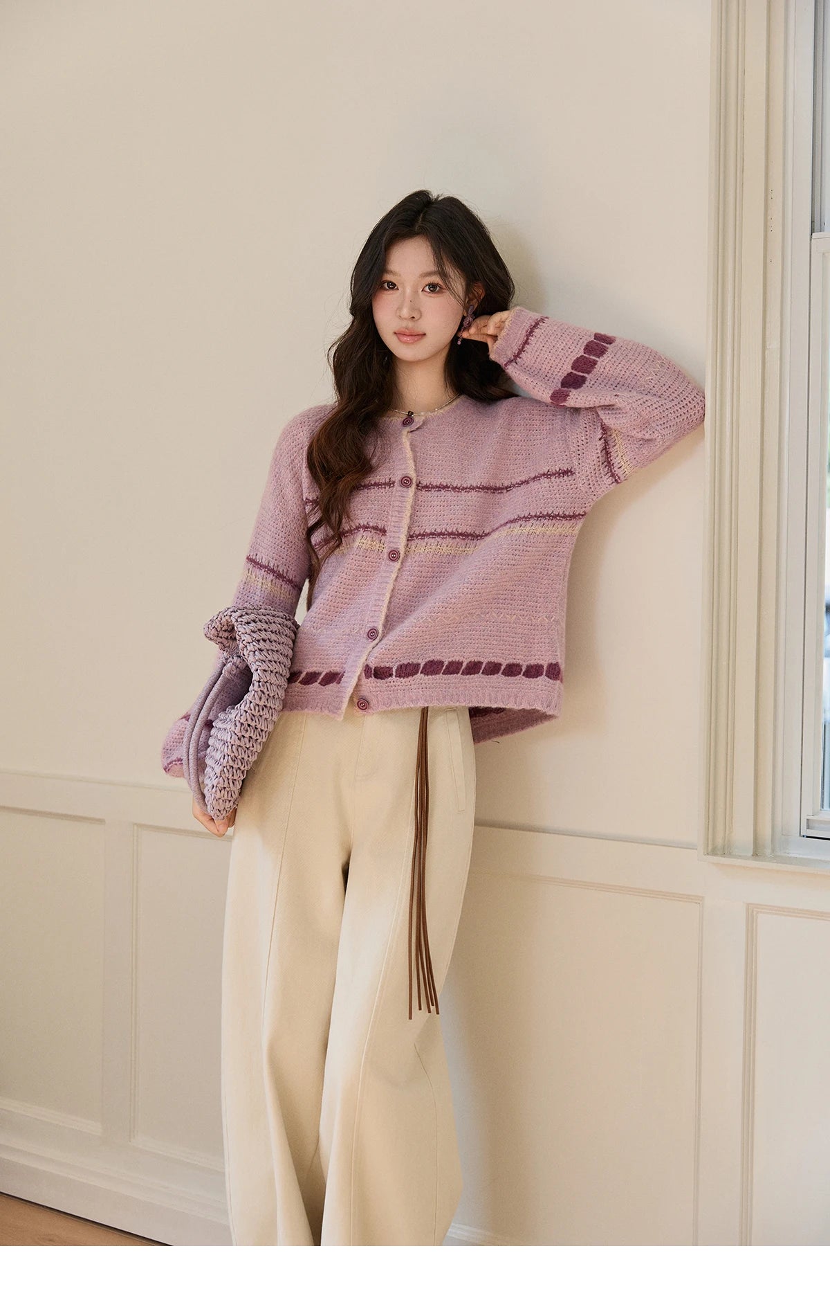 Mishow Lilac Striped Dot Crew Neck Cardigan MXF11Z2897