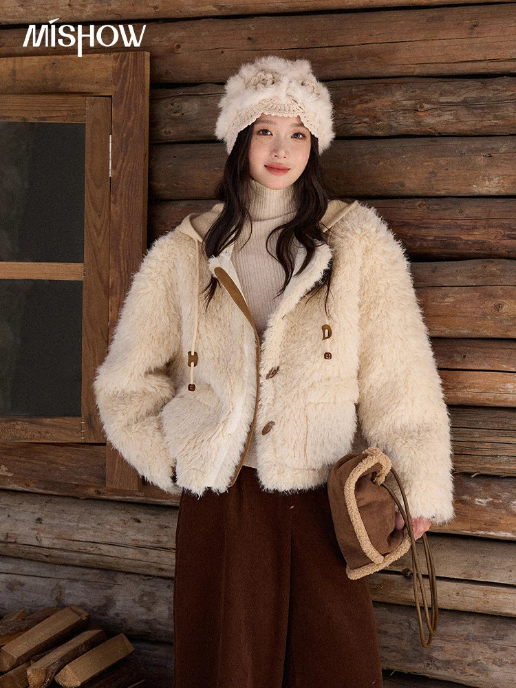 MISHOW Beige Knitted Hooded Plush Coat Warm Windproof MXE86W0908