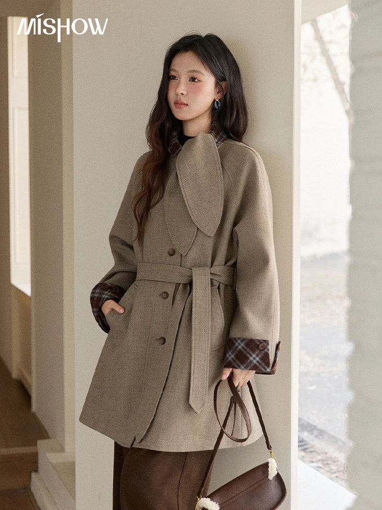 Mishow Retro British Plaid Rabbit Ear Tie Woolen Coat MXE90W0924