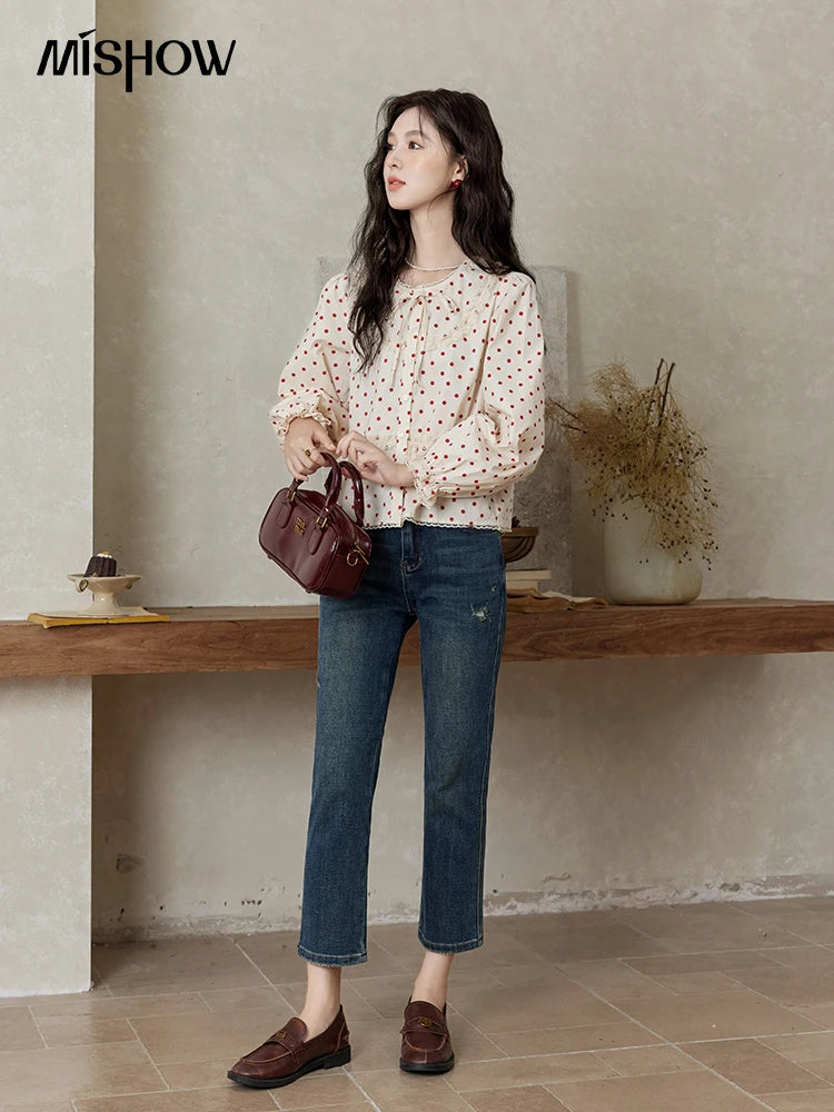 MISHOW Lace Up Polka Dot Round Neck Lace Shirt Elastic Petal Cuffs MXD44X1667