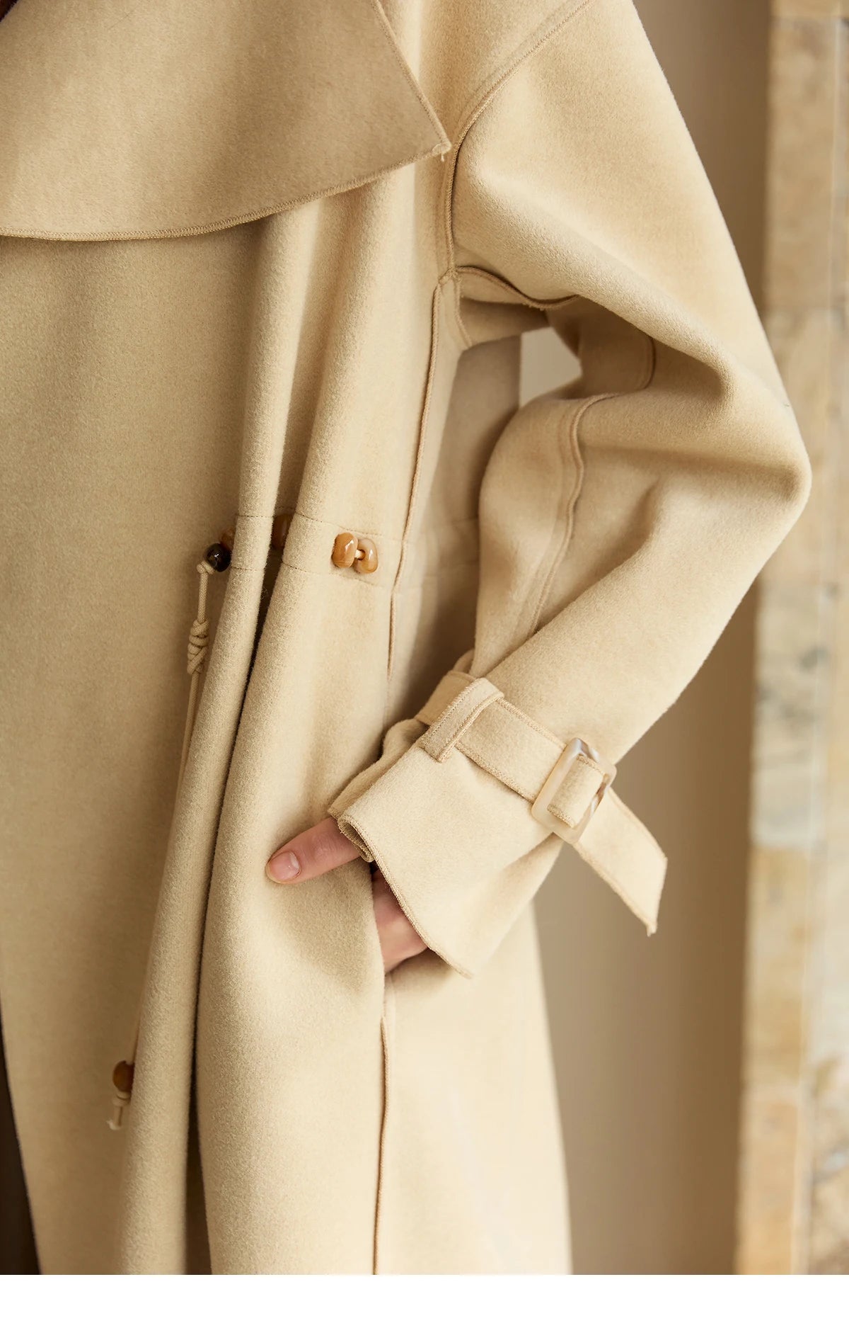 Mishow Drawstring Waist Large Lapel Mid-Length Woolen Coat MXE45W0841