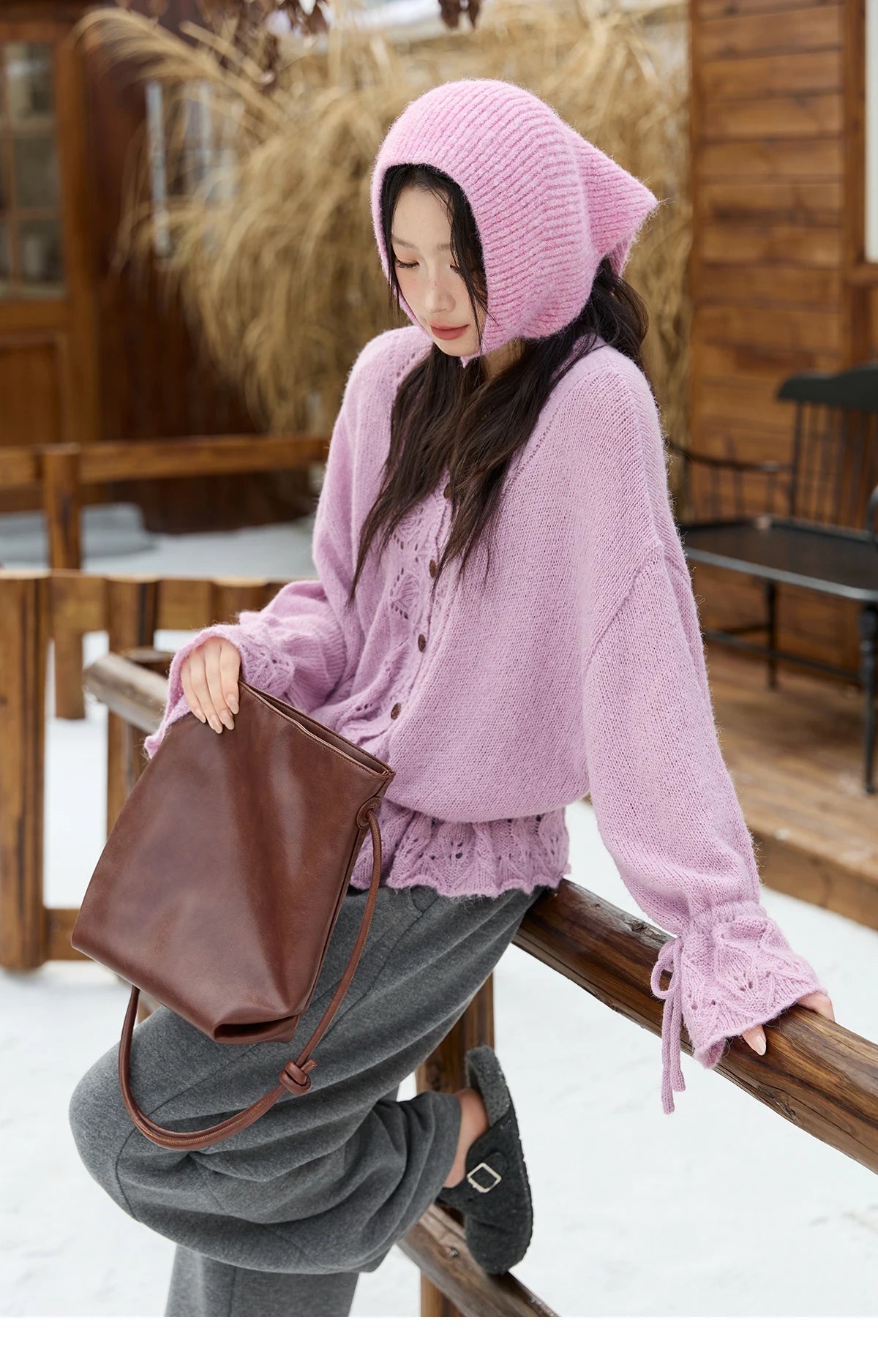 Mishow Hollow Knit V-Neck Flared Sleeve Cardigan MXE47Z2513