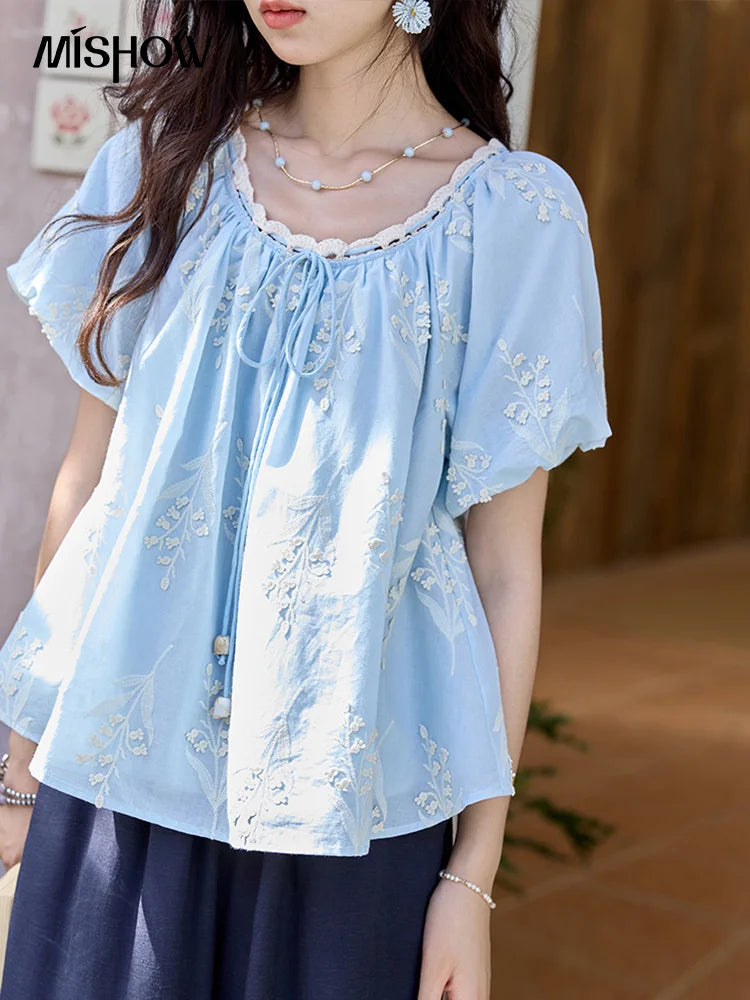 MISHOW Blue Cotton Embroidered Blouse Wave Edged O-Neck MXE35X1791
