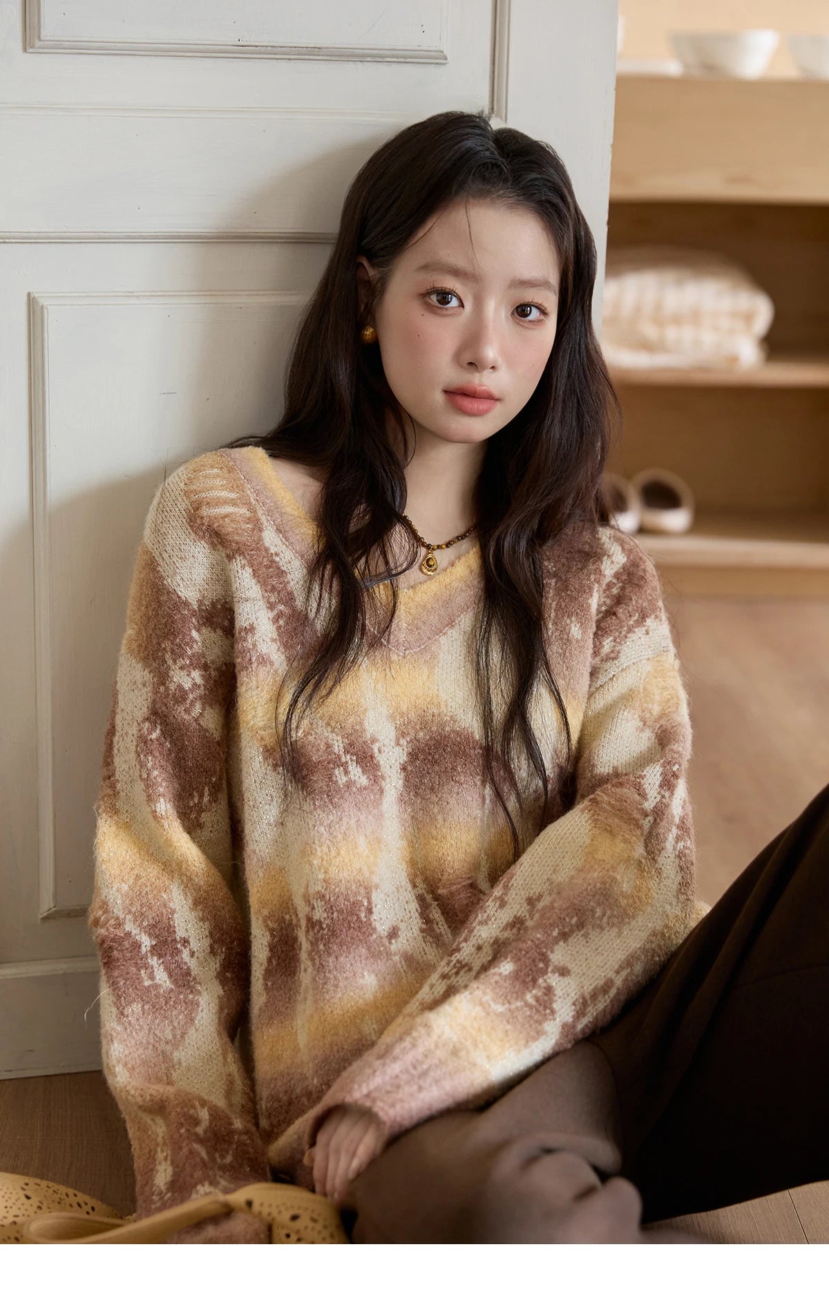 Mishow Yellow Coffee Gradient V-Neck Cable Knit Sweater MXE51Z2627