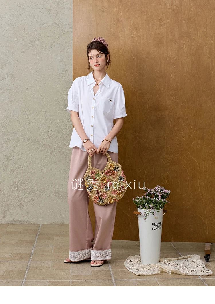 MISHOW French Turn-Down Collar Short Sleeve Solid Blouse MXE33C0778