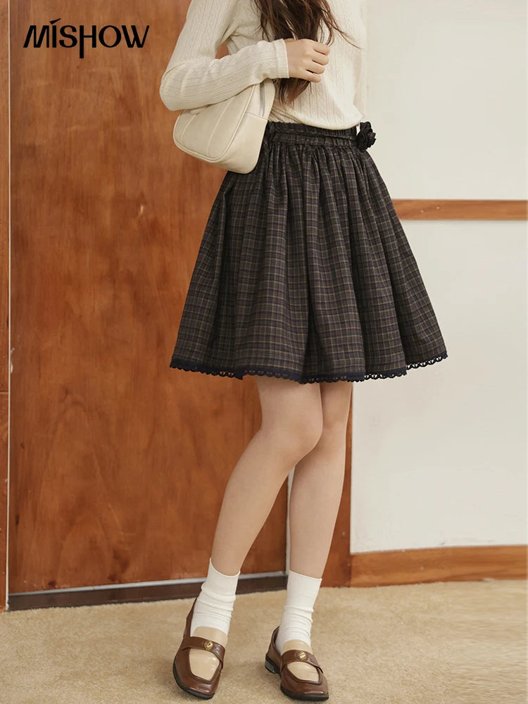 Mishow Green Plaid Handmade Flower Lace Skirt MXE44B2407