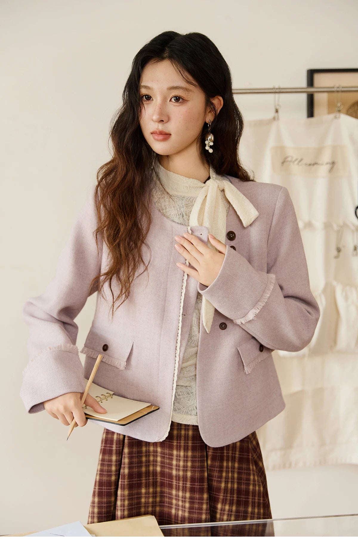 MISHOW Purple Woolen Coat Slanted Placket Splicing Lace Shoulder Pads MXE47W0840