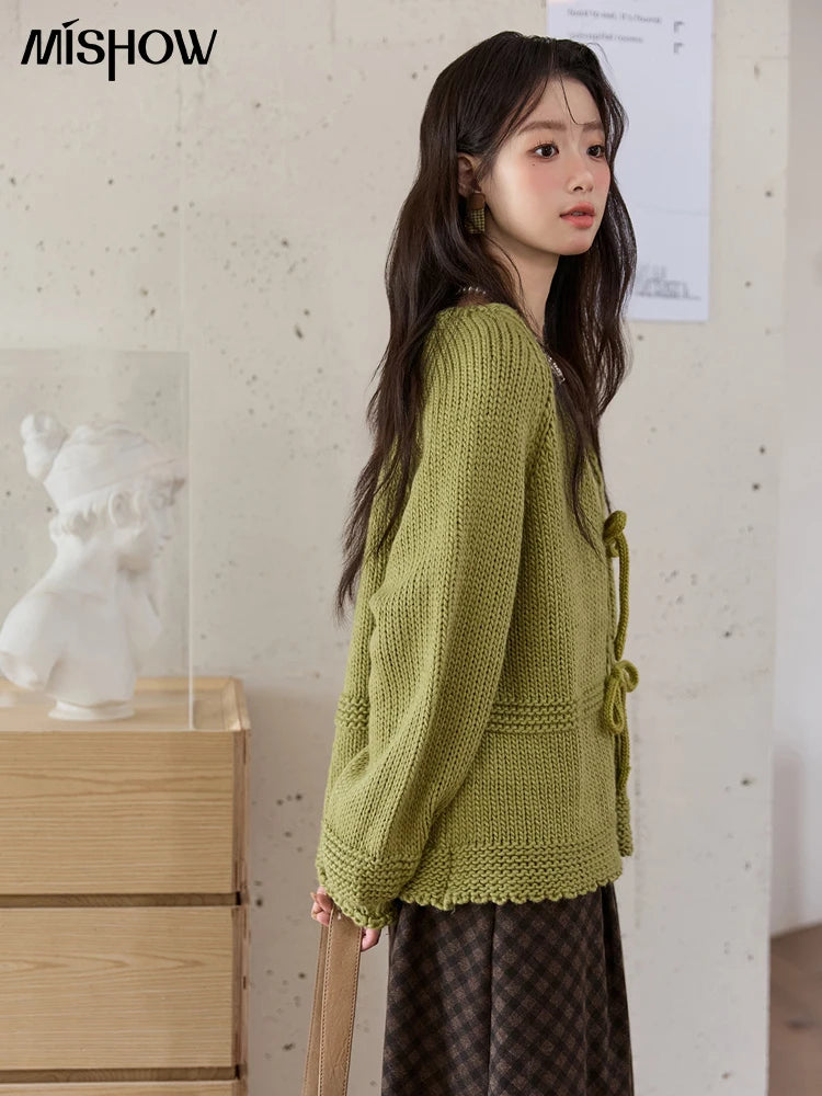 Mishow Avocado Green Lantern Sleeve Lace-Up Cardigan MXE51Z2694