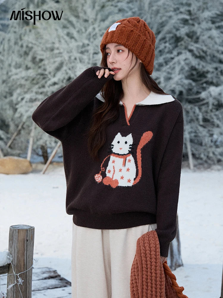 Mishow Retro Arctic Fleece Color Block Cat Sweater MXE90Z2835