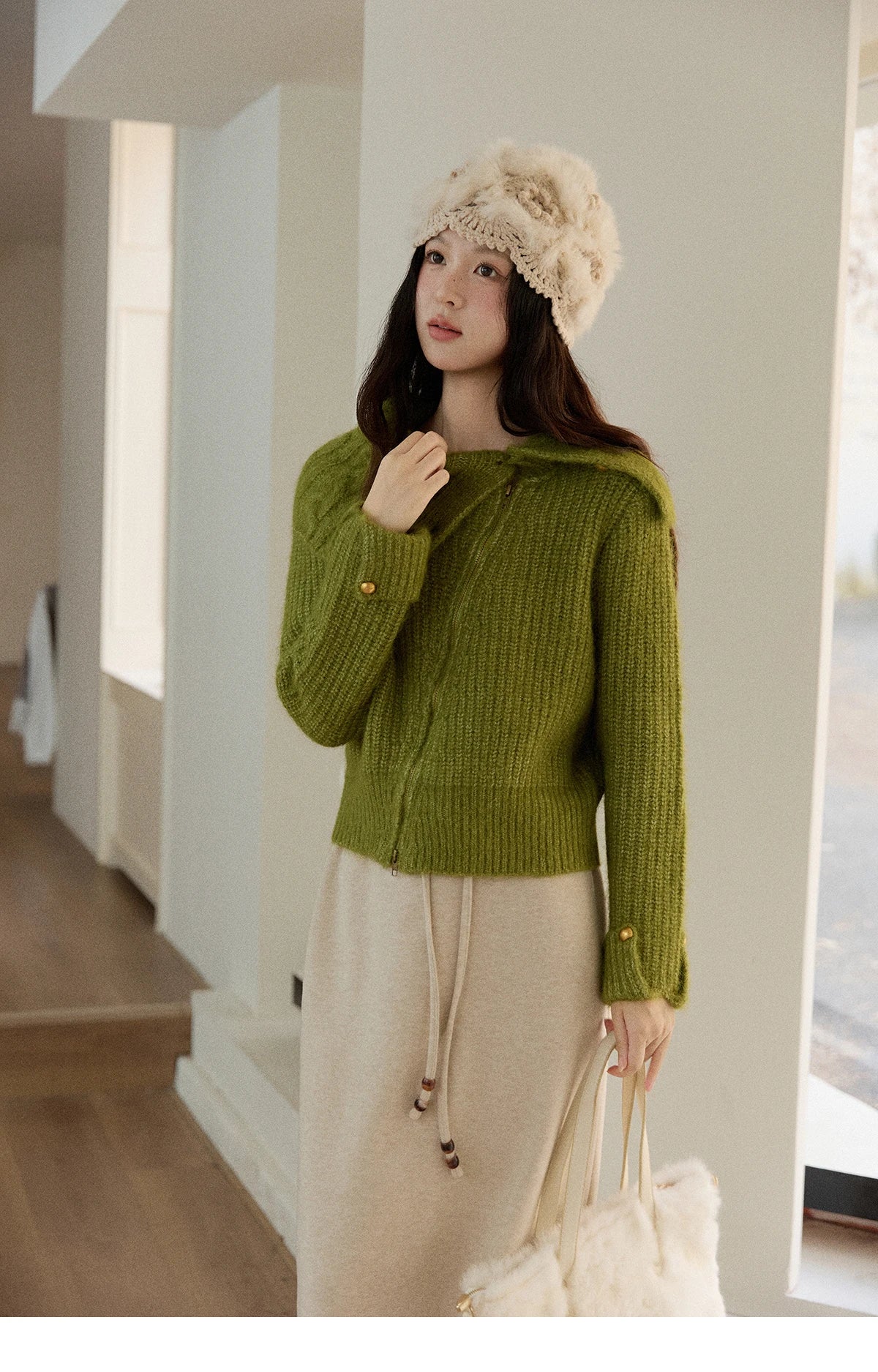 Mishow Green Wool Blend Long-Pile Large Lapel Pullover MXE90Z2760