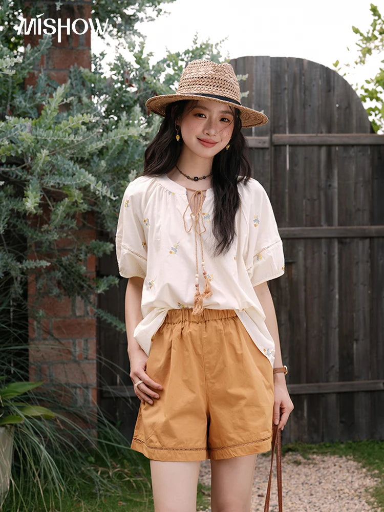 Mishow Puff Sleeve Lace-Up Top & Elastic Waist Shorts Set MXE38T0684