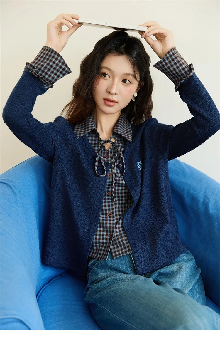 MISHOW Fake Two Knitted Sweater Plaid Splicing Flare Sleeve MXE45Z1401