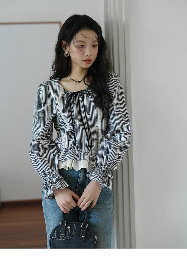 MISHOW Black Striped Blouse Lace-Up Bow Round Collar MXE41X1948