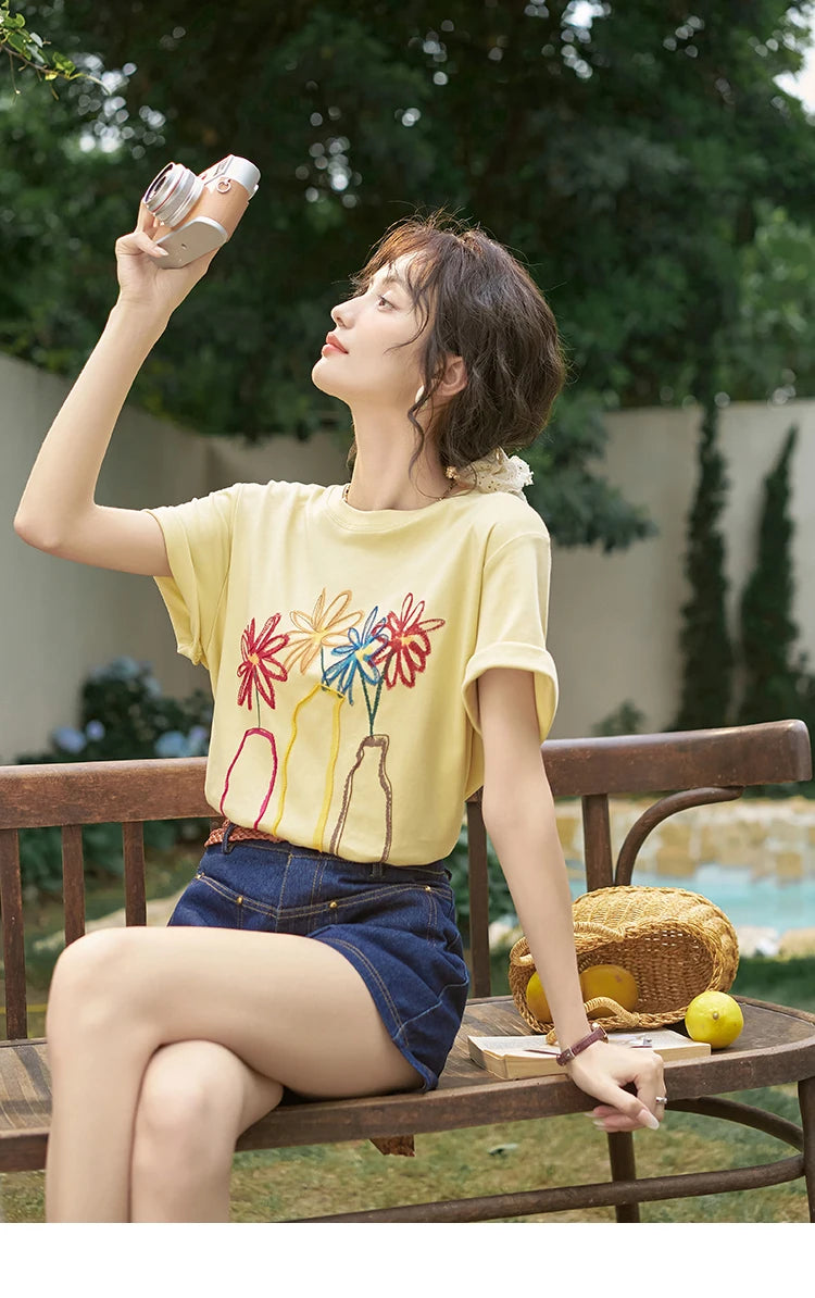 Mishow Embroidered Flower Pocket Wide Leg Denim Shorts MXD26K0707