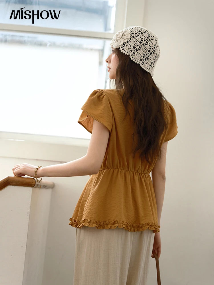 MISHOW Petal Sleeve Slim Shirt V-Neck Bead Belt MXE39X1881