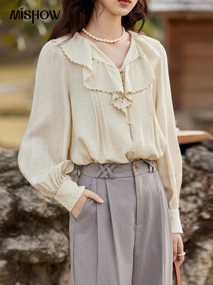 MISHOW Lotus Leaf Collar Shirt Bubble Sleeves Pink Chiffon MXE12X1702