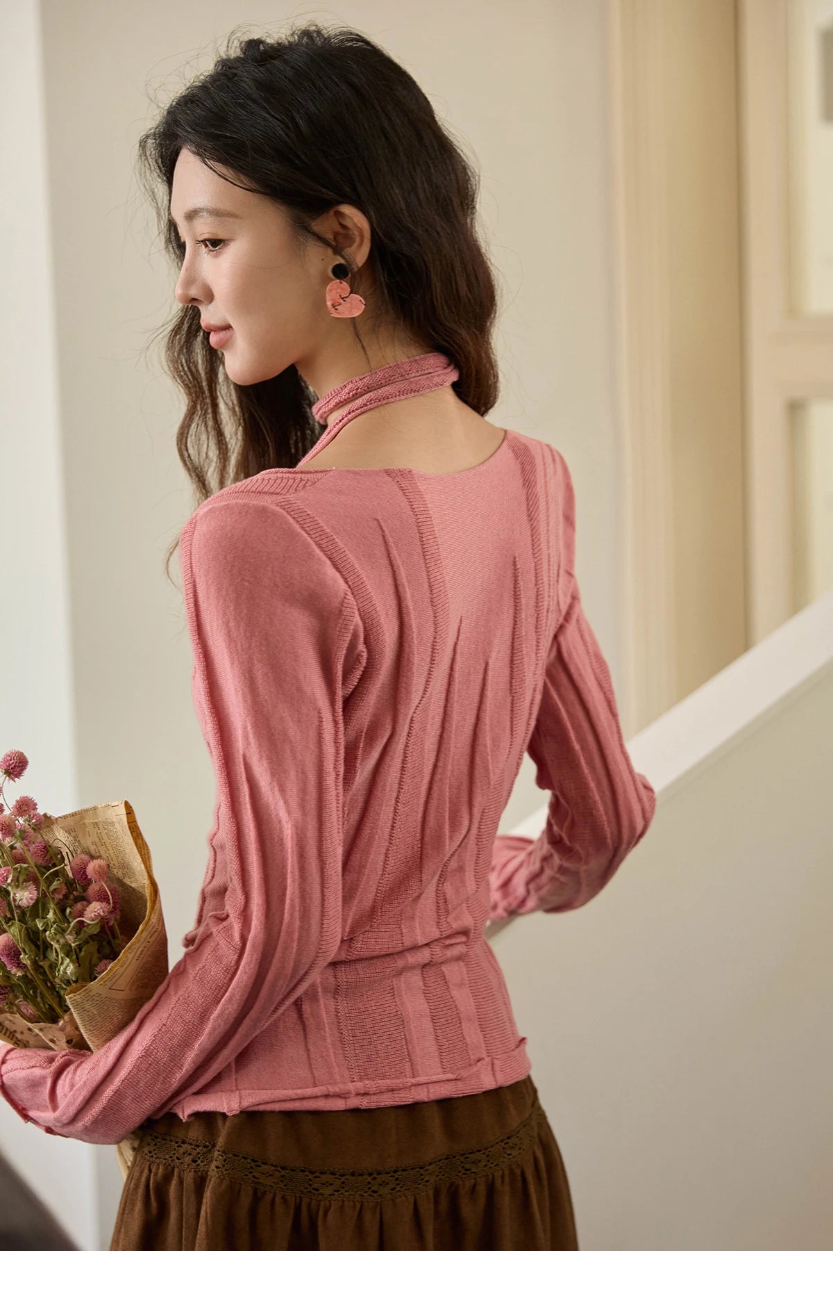 Mishow French Slim Scoop Neck Draped Tie Pullover MXE42Z1322