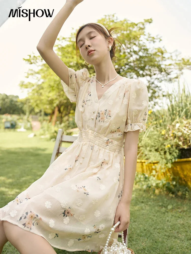 Mishow French Floral Embroidered Petal Sleeve Dress MXC38L1424