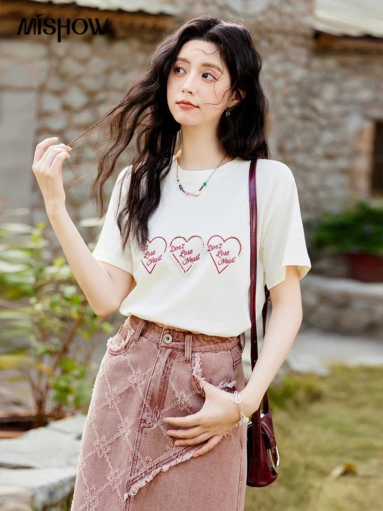 Mishow Apricot Heart Print Positive Shoulder Tee MXE11T0491
