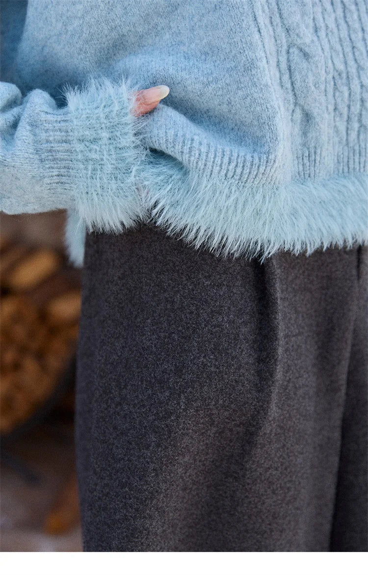 Mishow Blue Polo Collar Cable Faux Mink Pullover MXE88Z2756
