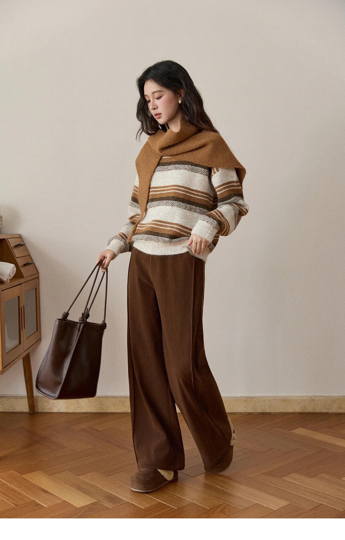 Mishow Wool Blend Retro Striped Sweater with Scarf MXE94Z2987