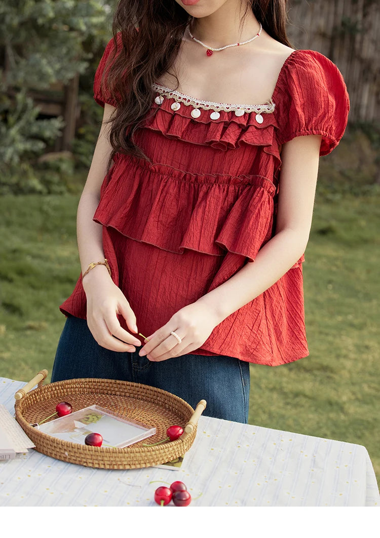MISHOW French Square Collar Blouse Cake Ribbon Short Sleeve MXE33X1763