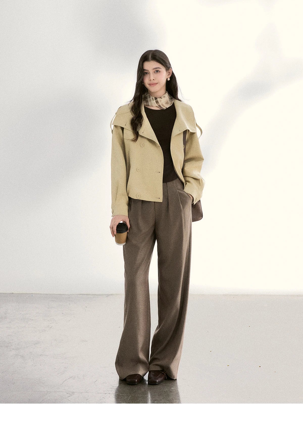 MISHOW Khaki Cropped Leather Jacket Lapel Stand Collar MXF108W1000