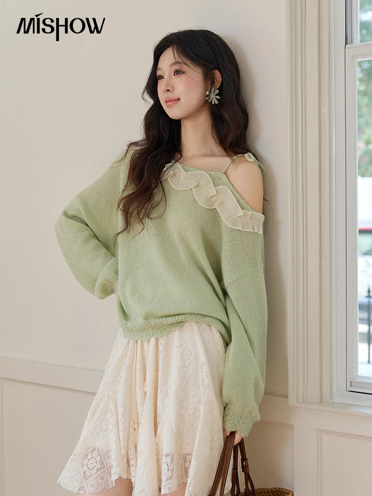 Mishow Light Green Asymmetrical Exposed Shoulder Top MXF108Z1027