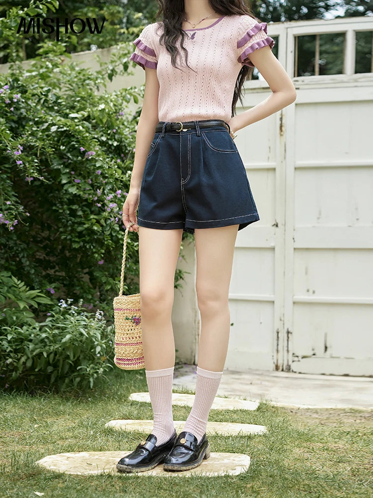 Mishow Embroidered Flower Pocket Wide Leg Denim Shorts MXD26K0707