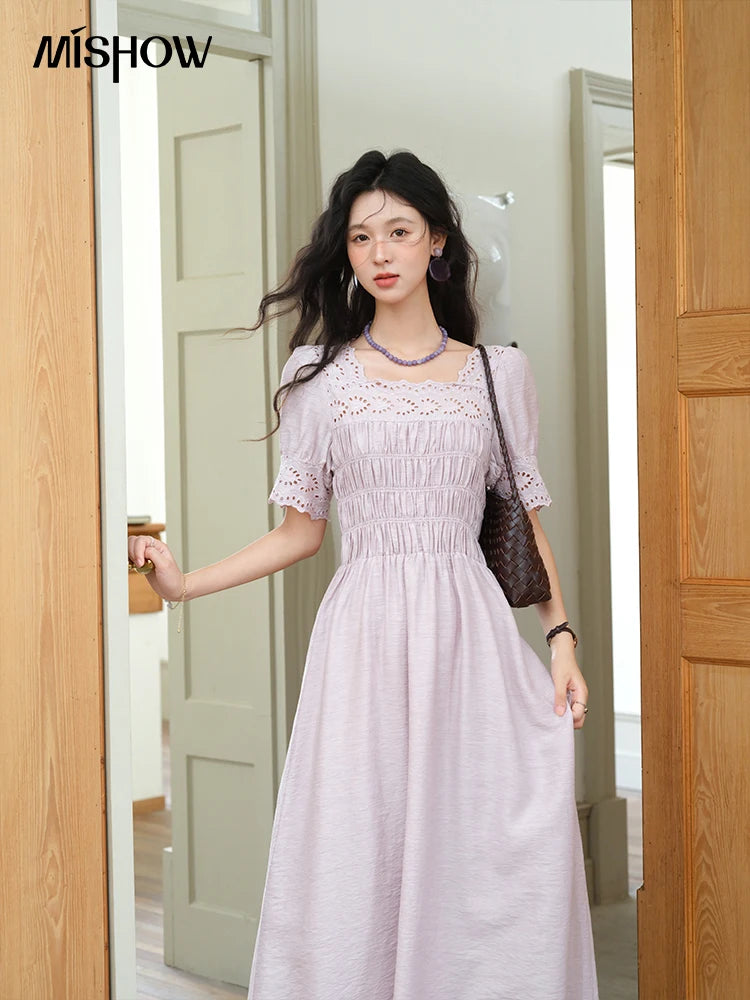 Mishow Purple Square Neck Puff Sleeve Lace Dress MXE39L2406