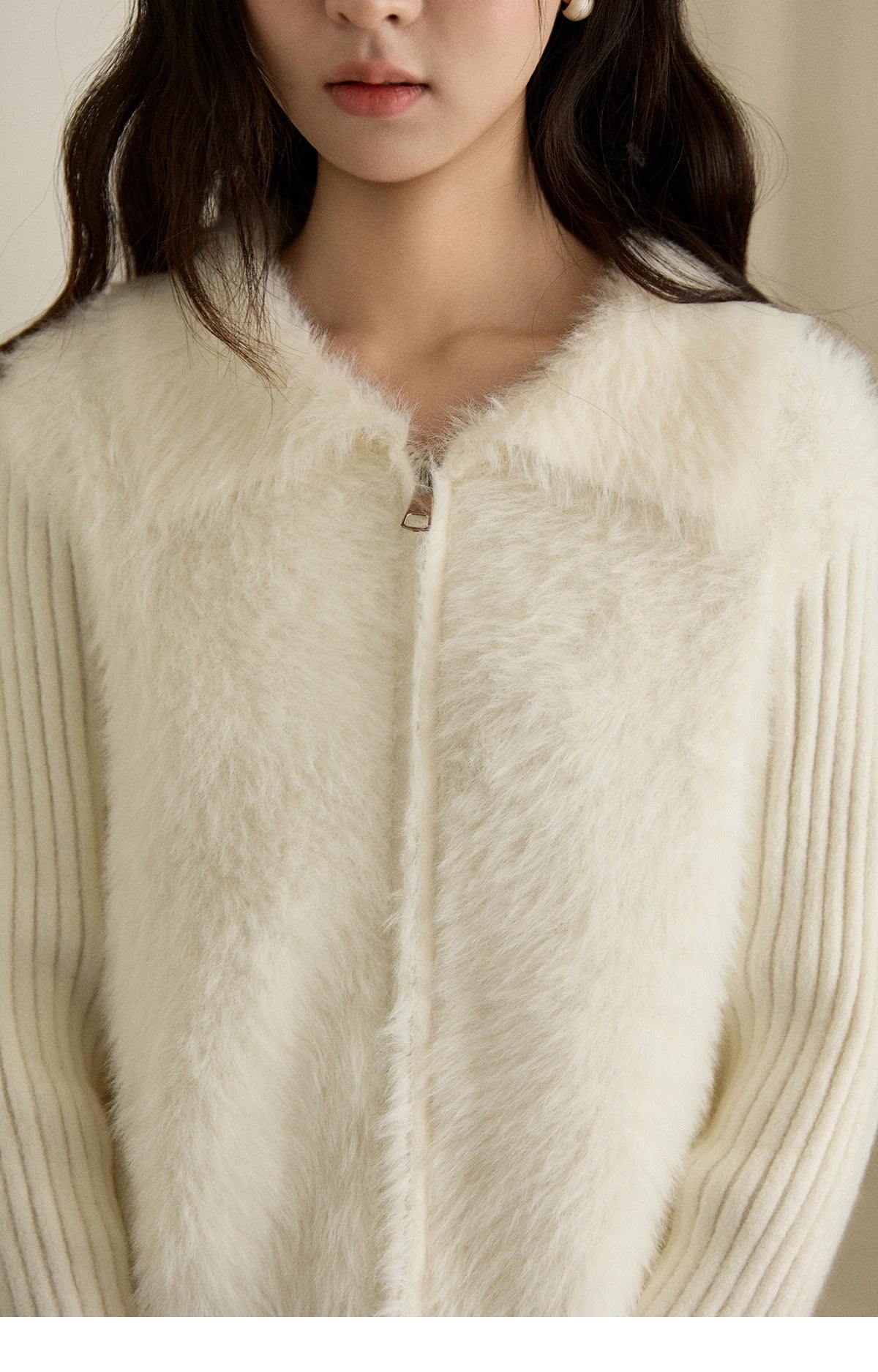 Mishow White Faux Fur Fake Two-Piece Zipper Cardigan MXE94Z2992