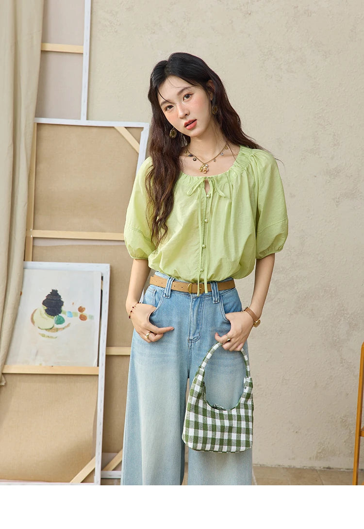 MISHOW Round Neck Blouse Lace Up Puff Sleeve MXE36X1875