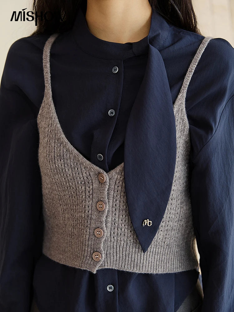 MISHOW Navy Ribbon Layered Shirt Knit Camisole Two-Piece Set MXE47T1412