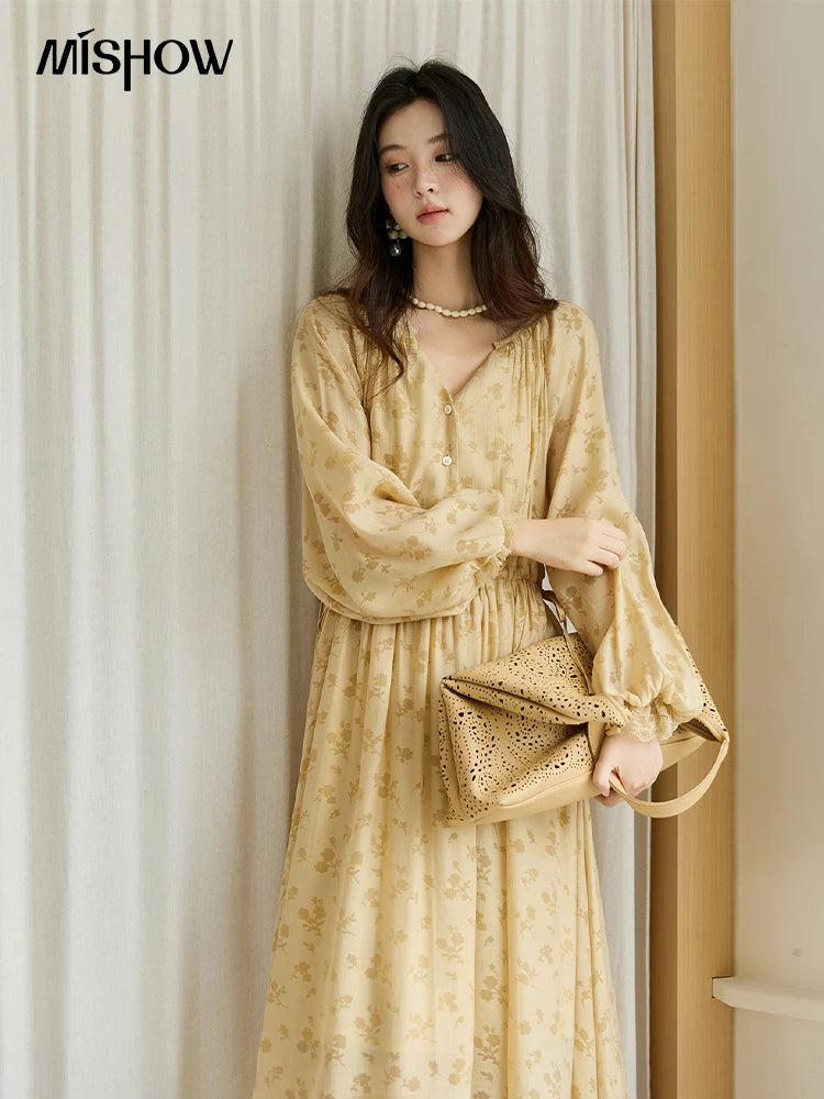 MISHOW Yellow Print Lace Lantern Sleeve Dress MXE47L2527