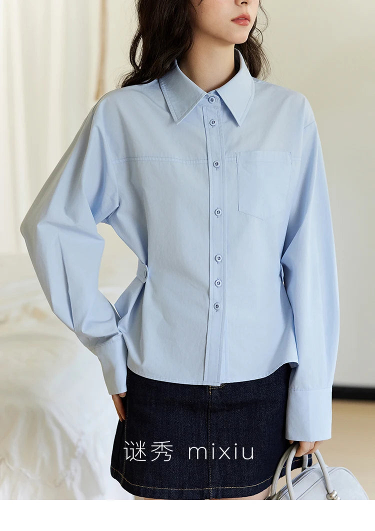 MISHOW Women's French Blue Shirt Polo Collar Waist Pocket MXE14C0753