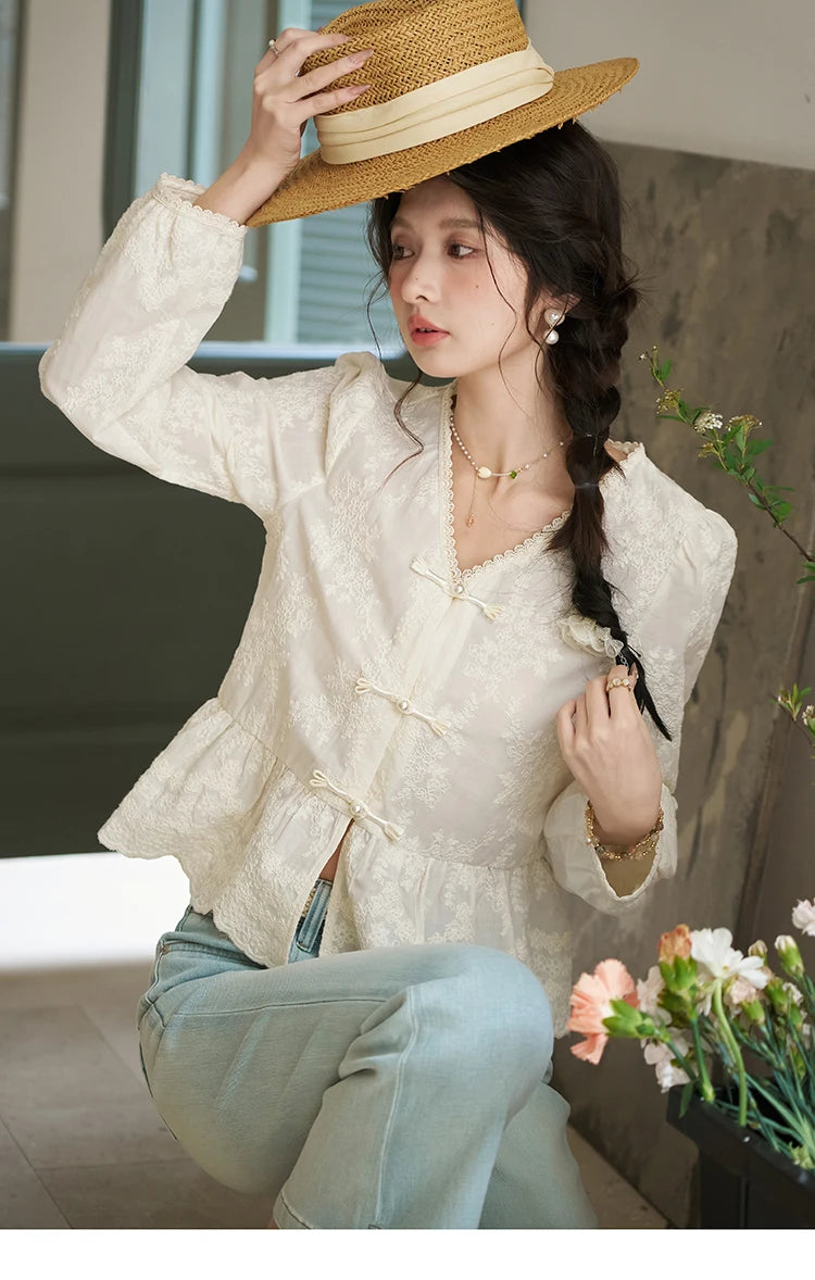 MISHOW Chinese Lace Blouse V-Neck Embroidery MXD14X1433