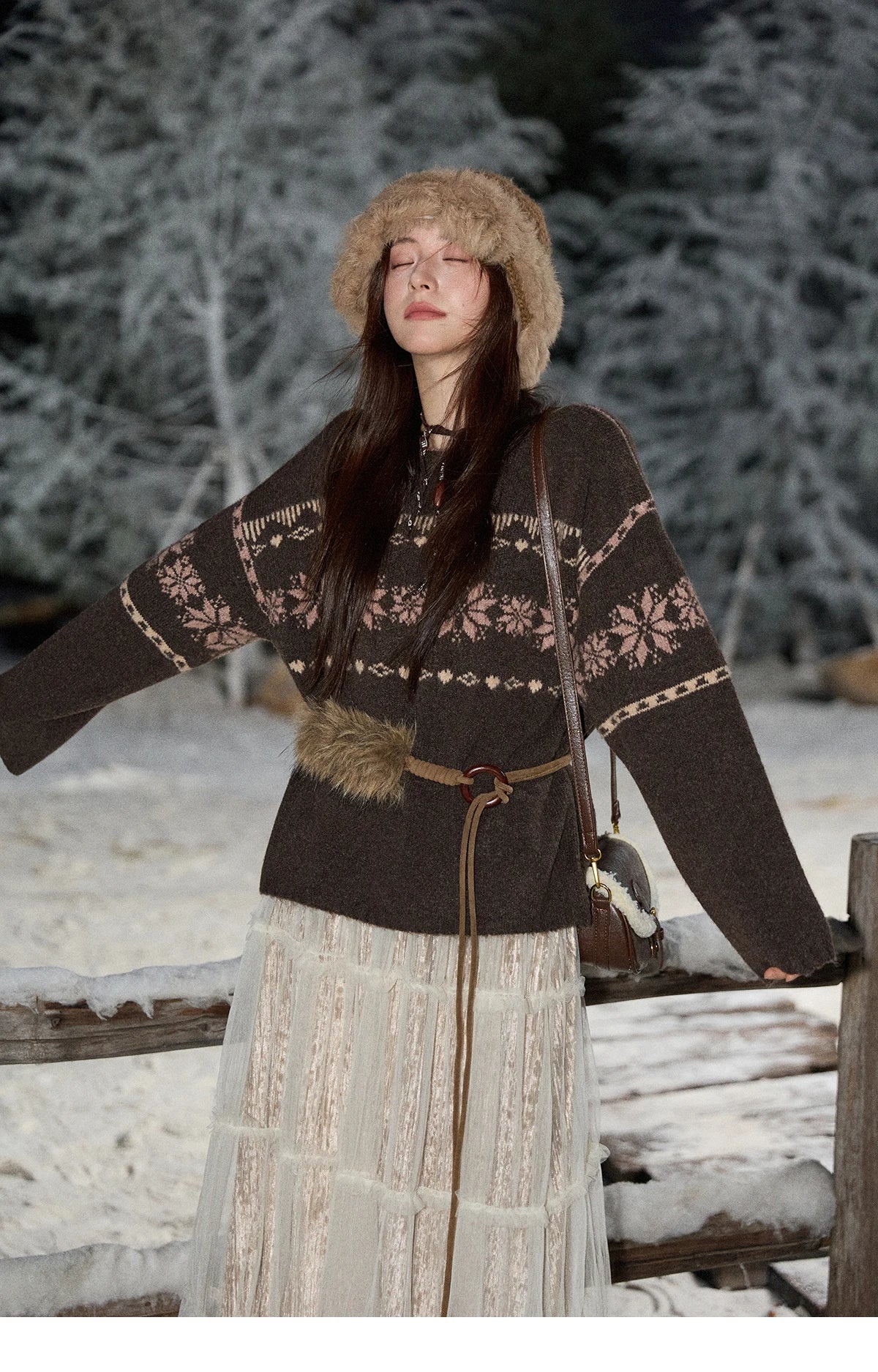 Mishow Brown Snowflake Jacquard Crew Neck Pullover MXE86Z2655