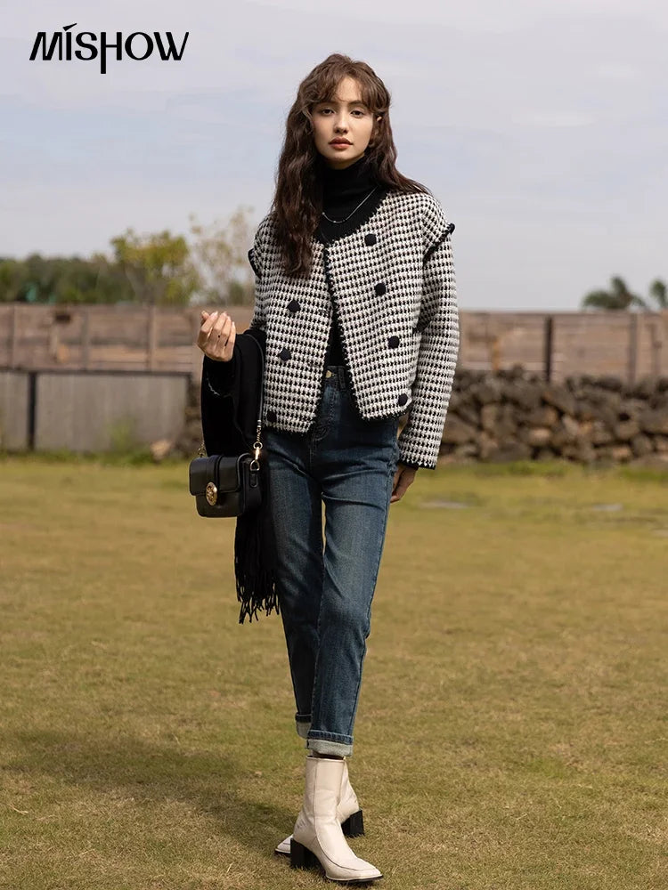 Mishow Elegant Plaid Wool Blend Short Coat MXB42W0479