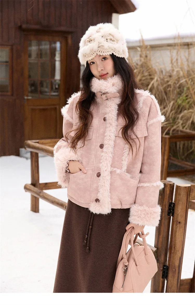 MISHOW Pink Plush Patchwork Coat Stand Collar Windproof MXE51W0911