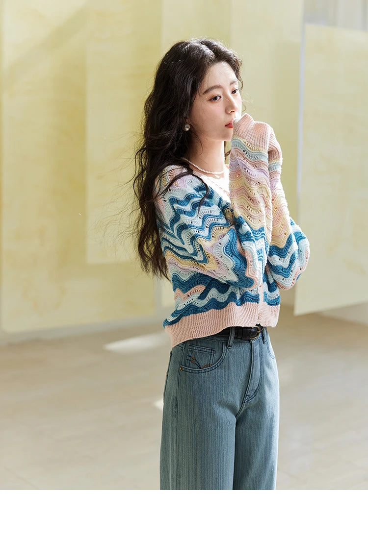 Mishow Color Stripe V-Neck Loose Cardigan MXE16Z1203