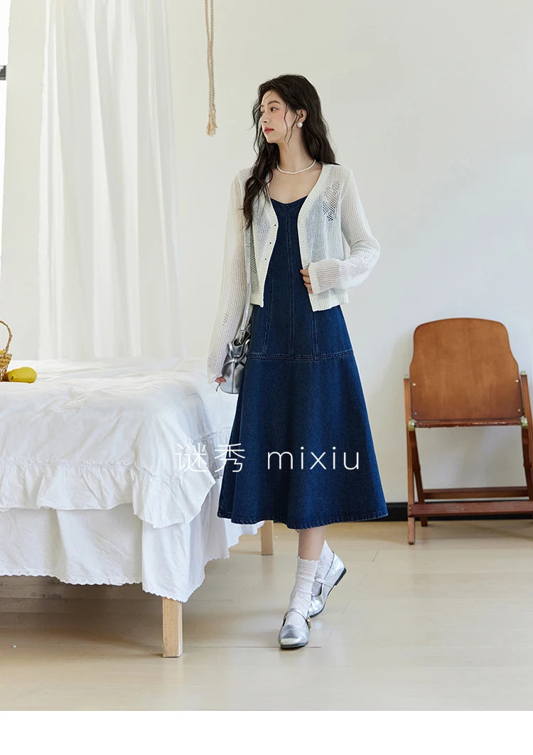 Mishow Denim Camisole Hollowed Out Lace Edge Dress MXE13L2094