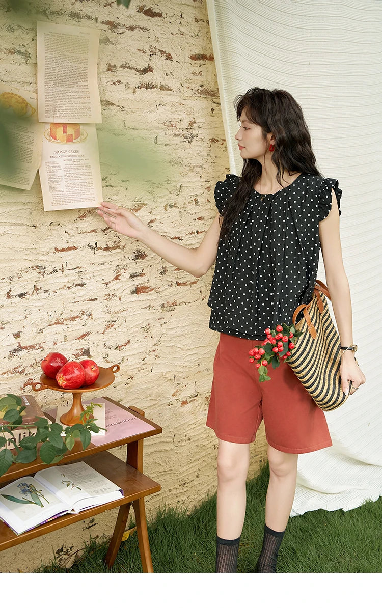 MISHOW Red Casual Shorts High Waist Loose Straight Leg Pockets MXD25K0679