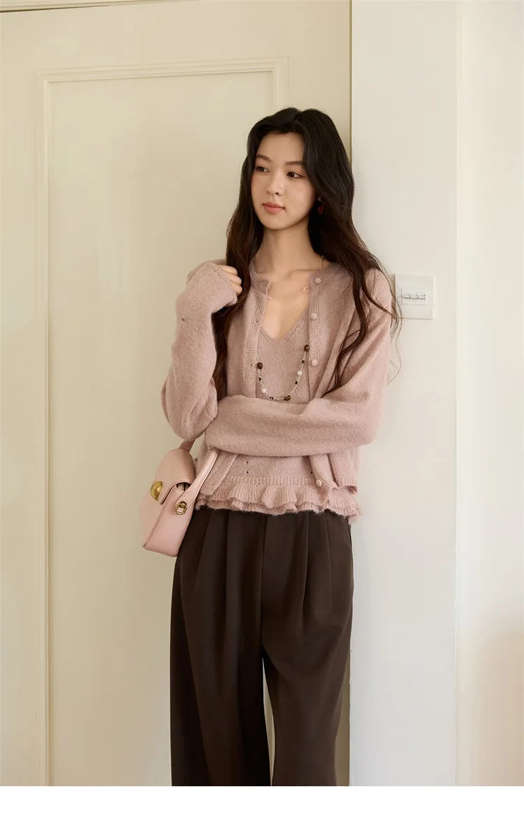 Mishow Pink Crew Neck Cardigan & Suspenders Set MXE48T1404