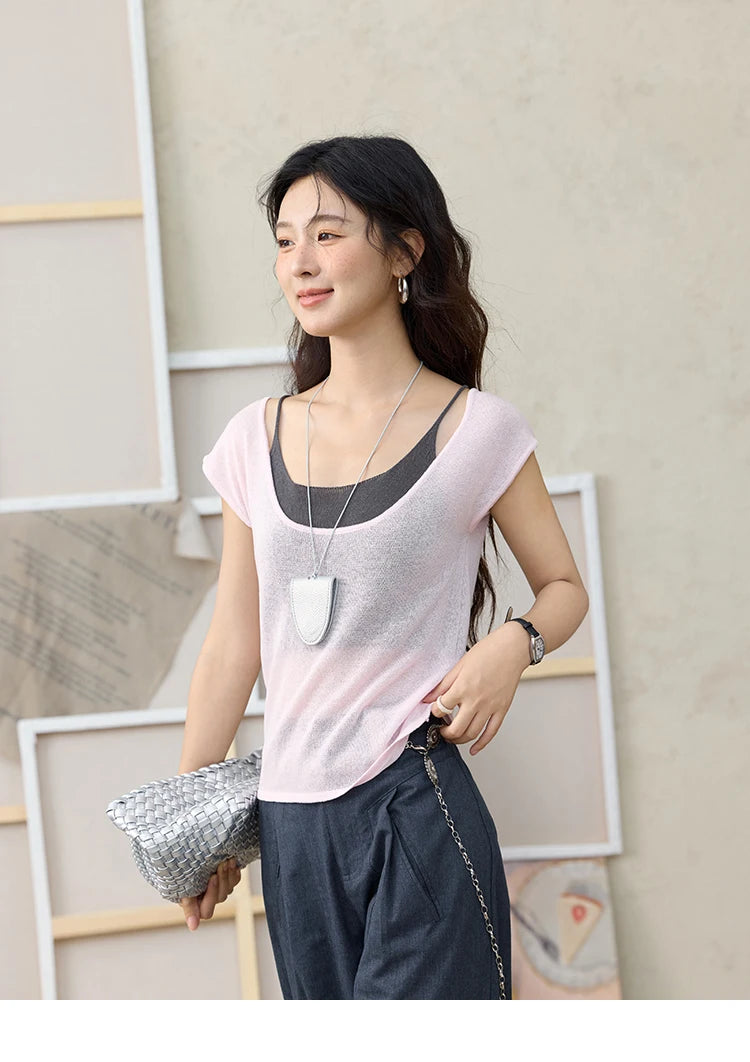 Mishow Linen Contrast Fake Two-Piece Knit Tee MXE36Z1277